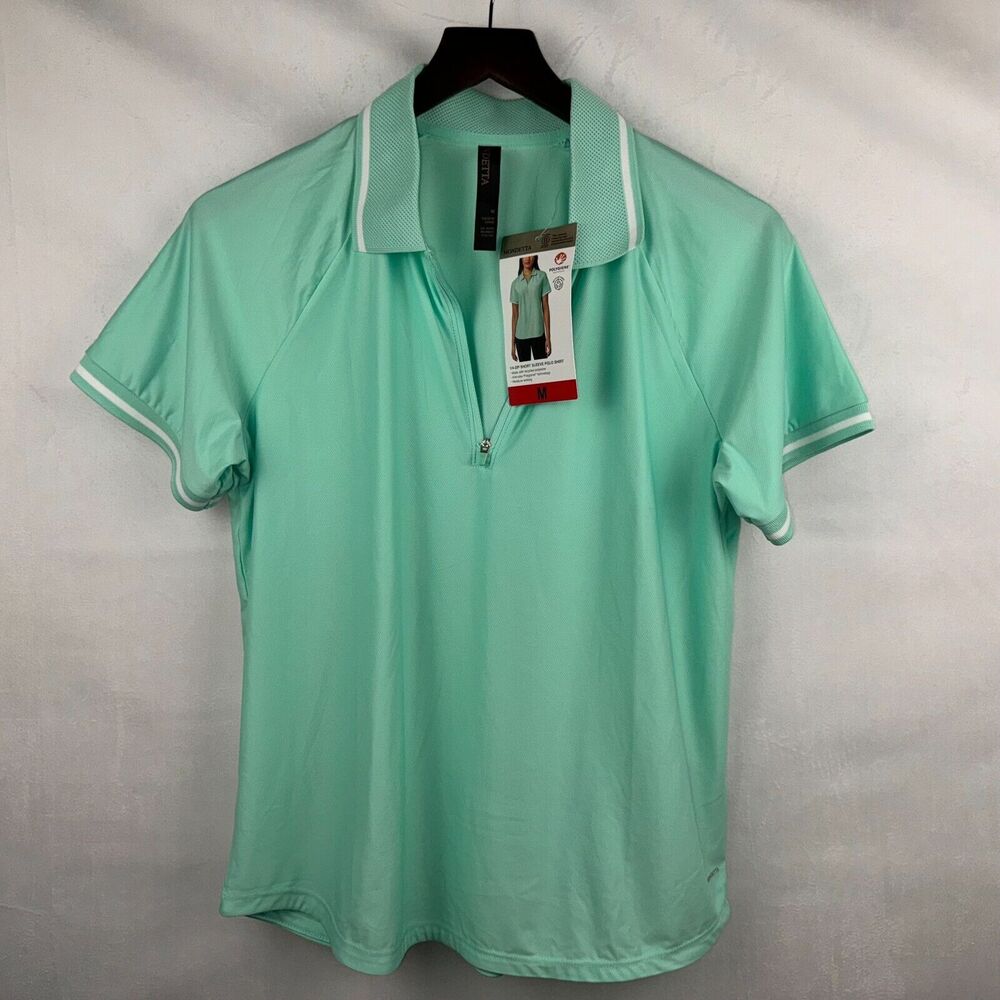Mondetta Polo Sz M Women's Active 1/4-Zip Green Short Sleeve Mesh Shirt